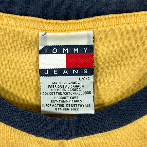 Vintage Tommy Hilfiger Shirt Adult LARGE Yellow Tommy Jeans Flag Logo Y2K Ringer - Picture 5 of 11